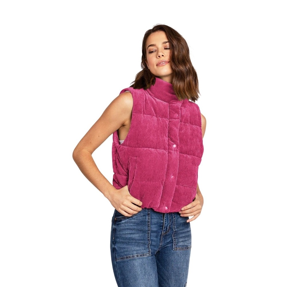 Love Tree Vest Womens Small 5103VN Fuchsia Pink Corduroy Sherpa Lined Puffer EUC